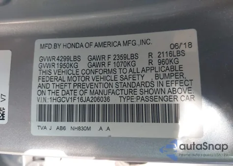 2018 Honda Accord Lx from USA, damaged, VIN 1HGCV1F16JA206036